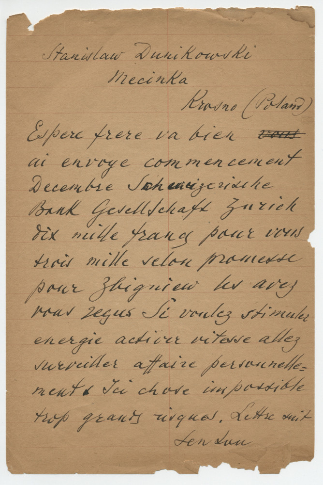 Brouillon de télégramme adressé par Paderewski à Stanislaw Dunikowski, Mecinka à Krosno (Pologne), sans date
