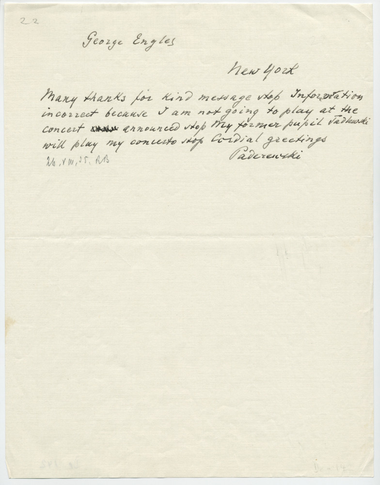 Brouillon du télégramme adressé par Paderewski à George Engles, à New York, le 26 août 1935