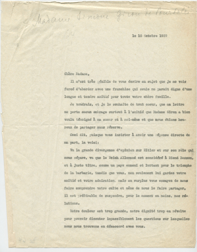 Lettre (en 3 versions dactylographiées) adressée par Paderewski à Simone Giron-de Pourtalès, «La Terrasse» à Genthod (Genève), de Riond-Bosson le 15 octobre 1939 (pages 1-5)