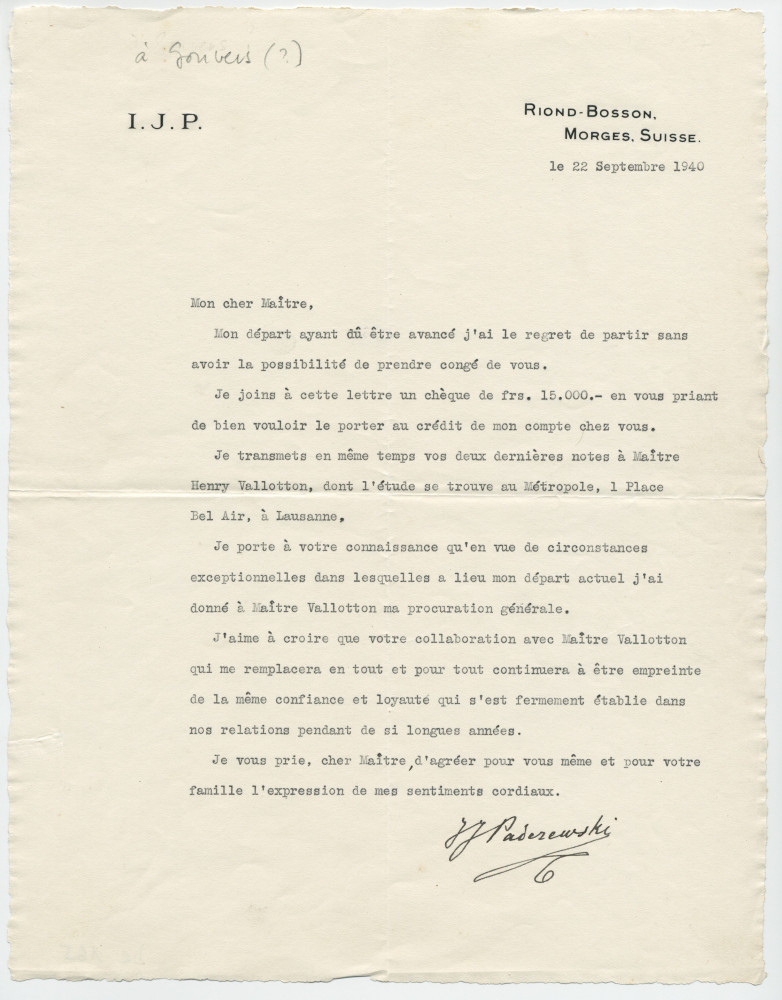 Lettre adressée par Paderewski à Ernest Gonvers (?), notaire à Morges, de Riond-Bosson le 22 septembre 1940