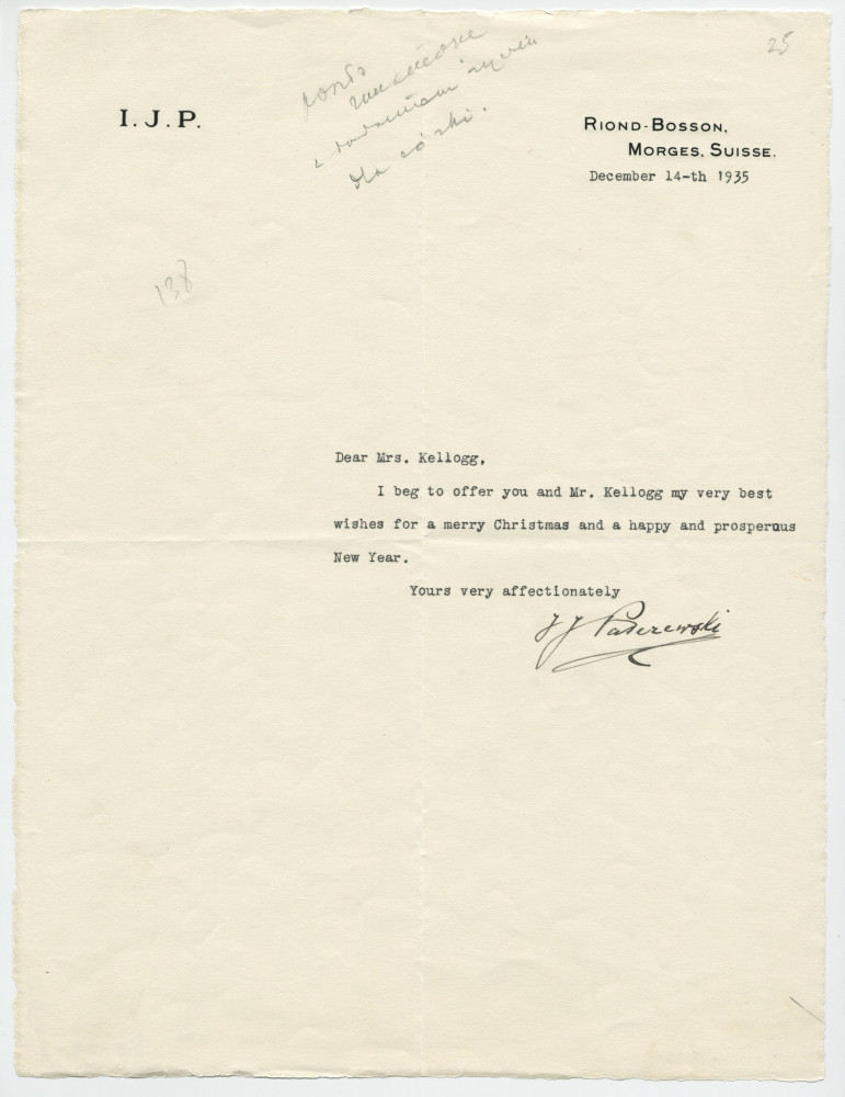 Lettre adressée par Paderewski à Mrs. [Vernon] Kellogg, de Riond-Bosson le 14 décembre 1935