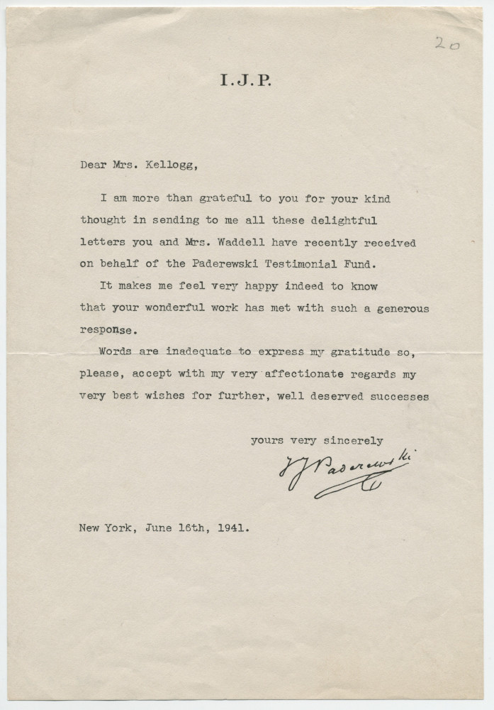 Copie de la lettre adressée par Paderewski à Mrs. [Vernon] Kellogg, vice-présidente du Paderewski Testimonial Fund à New York, le 16 juin 1941