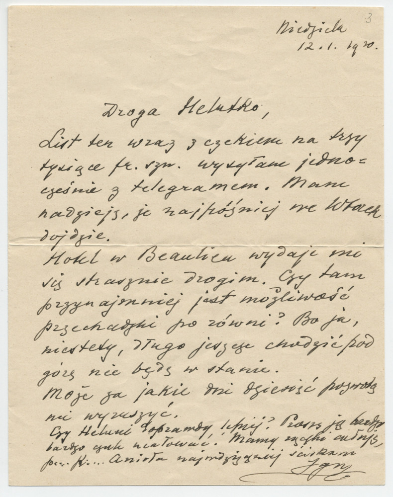 Lettre adressée (en polonais) par Paderewski à Hélène Lübke, Villa Dé-Dé, avenue Flora, Cimiez, Nice, de [Riond-Bosson] le 12 janvier 1930