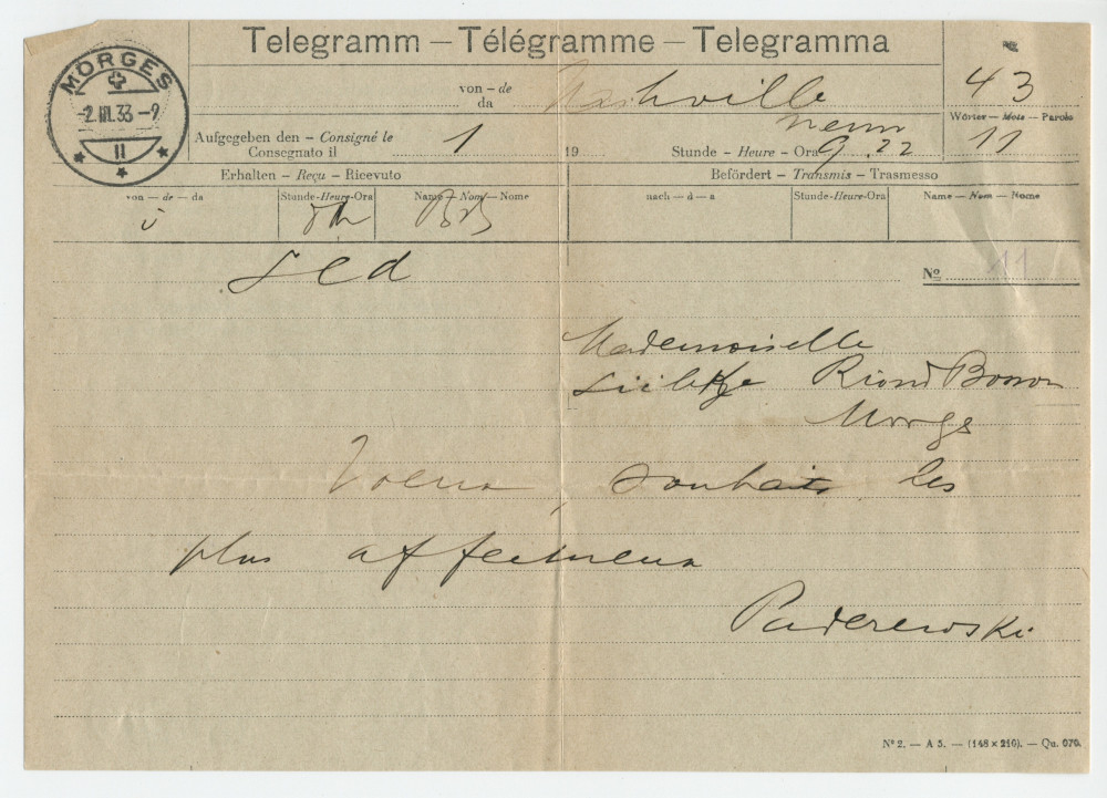Télégramme adressé (en polonais) par Paderewski à Hélène Lübke, à Riond-Bosson, de Nashville (Tennessee) le 2 mars 1933