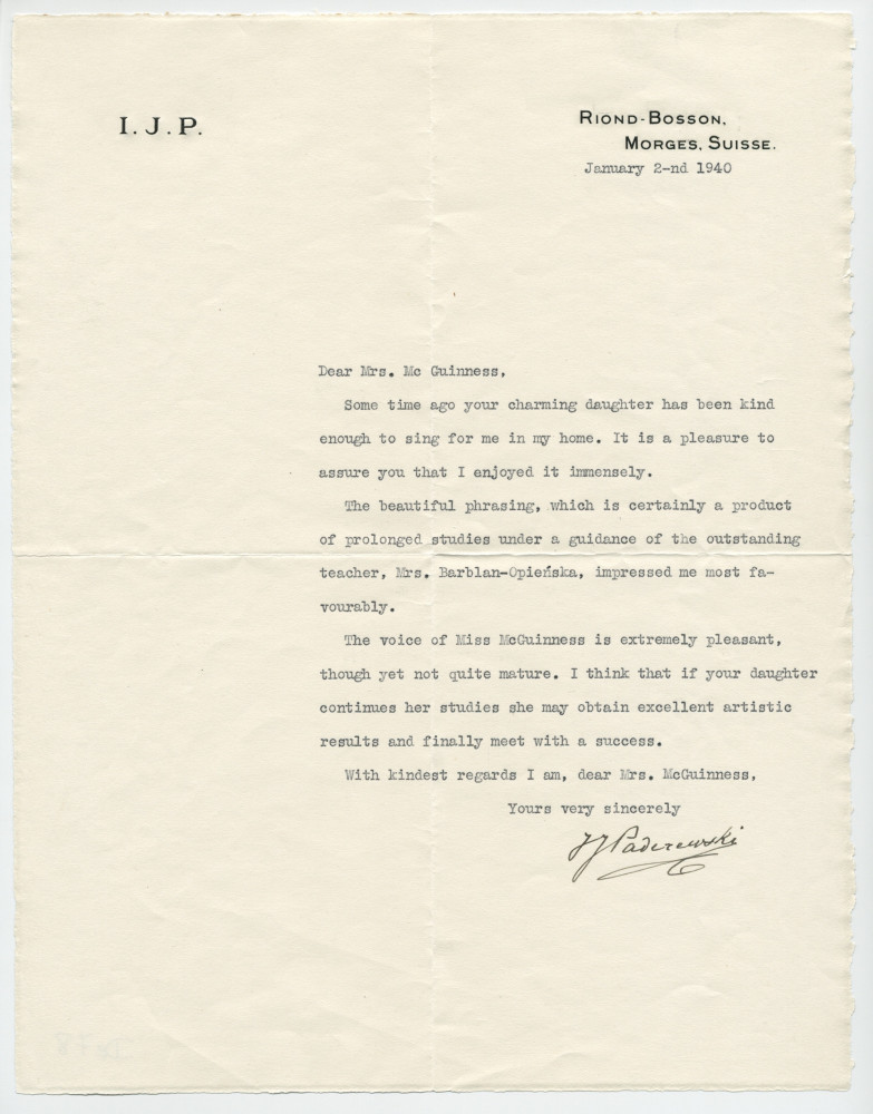 Lettre adressée (en anglais) par Paderewski à Mrs. McGuiness, de Riond-Bosson le 2 janvier 1940