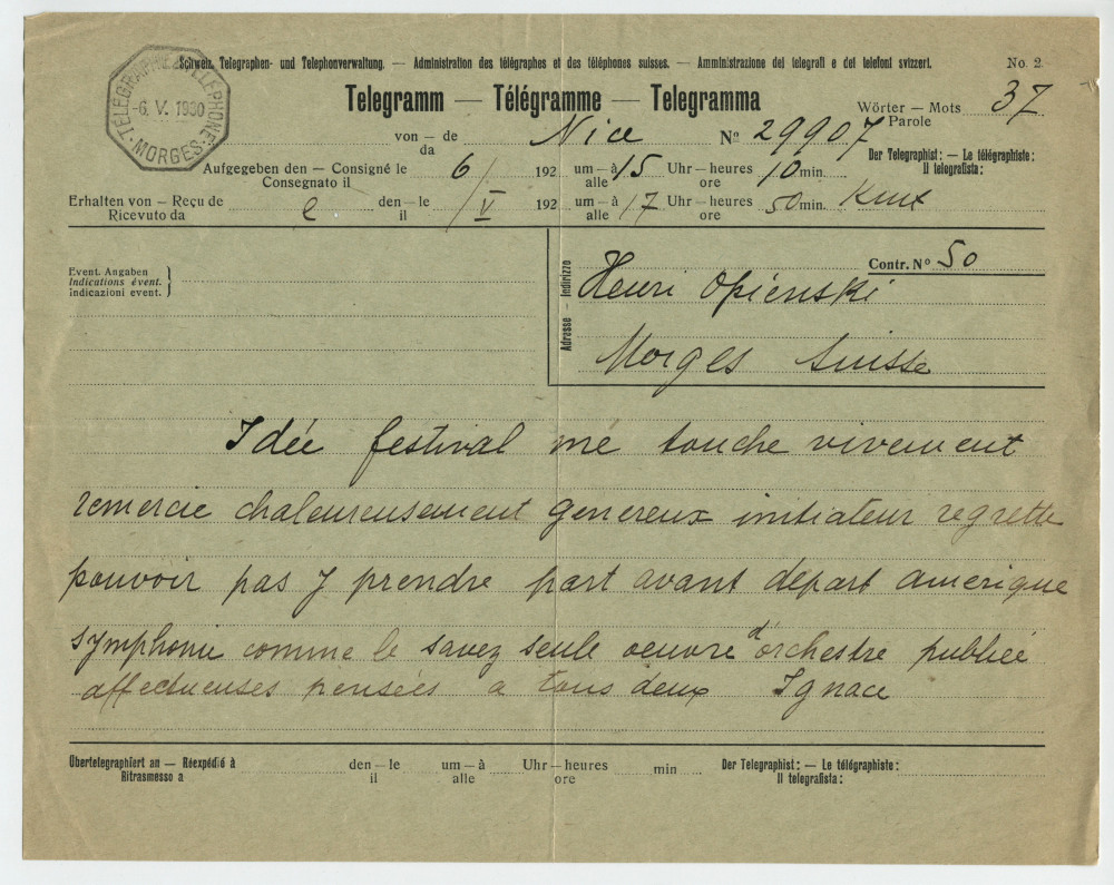 Télégramme adressé par Paderewski à «Henri Opienski Morges Suisse», de Nice le 6 mai 1930