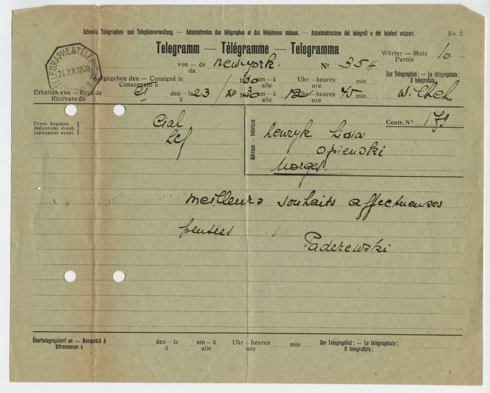Télégramme adressé par Paderewski à «Henryk Lidia Opienski Morges», de New York le 23 décembre 1930