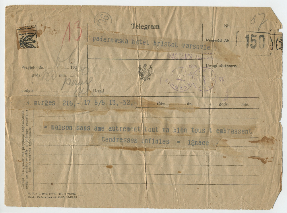 Télégramme adressé par Paderewski à Hélène Paderewska, à l'Hôtel Bristol de Varsovie, de Morges le 6 juin 1924