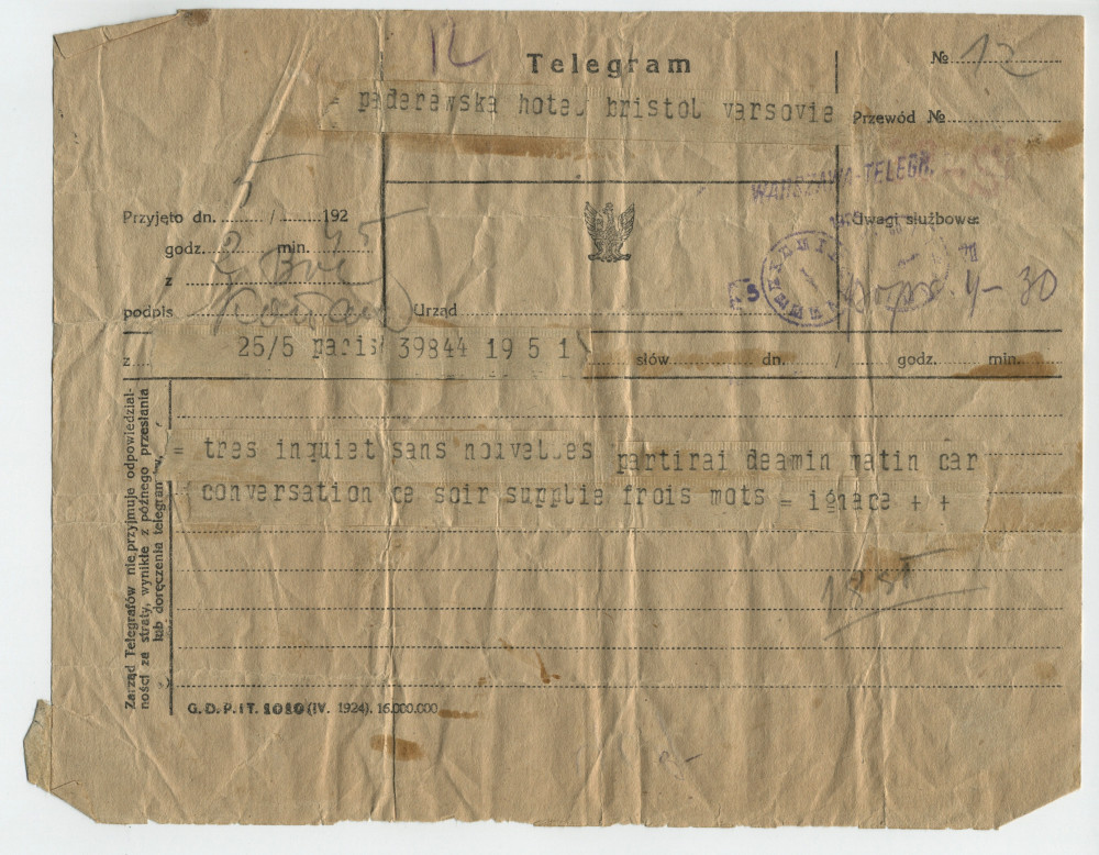 Télégramme adressé par Paderewski à Hélène Paderewska, à l'Hôtel Bristol de Varsovie, de Paris le 5 juillet 1924