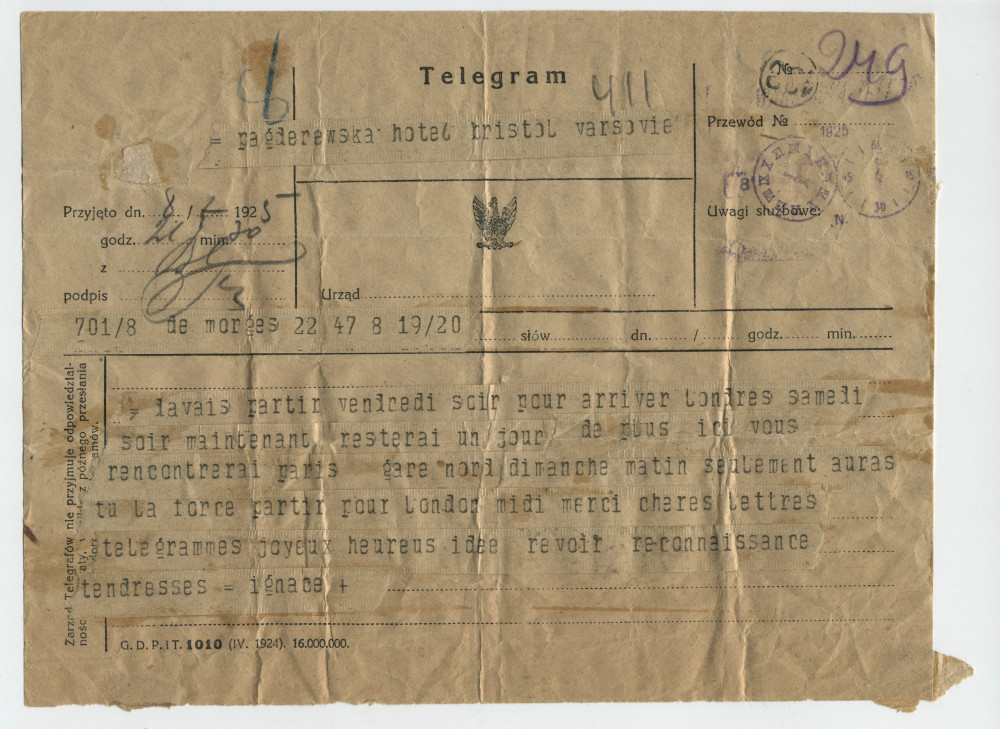 Télégramme adressé par Paderewski à Hélène Paderewska, à l'Hôtel Bristol de Varsovie, de Morges le 8 février 1925