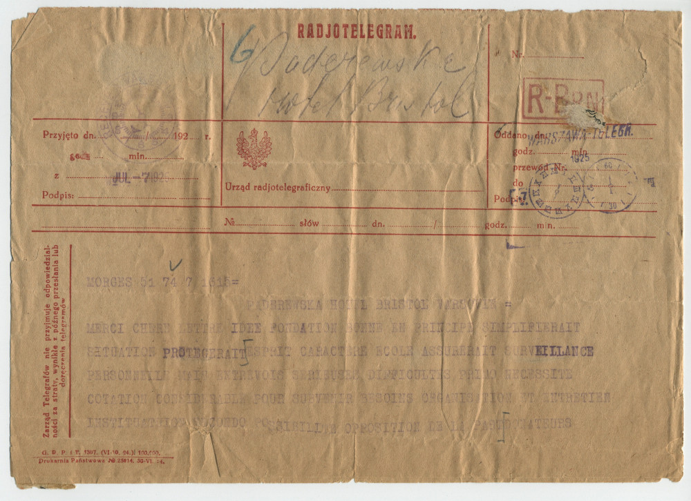 Télégramme adressé par Paderewski à Hélène Paderewska, à l'Hôtel Bristol de Varsovie, de Morges le 7 juillet 1925