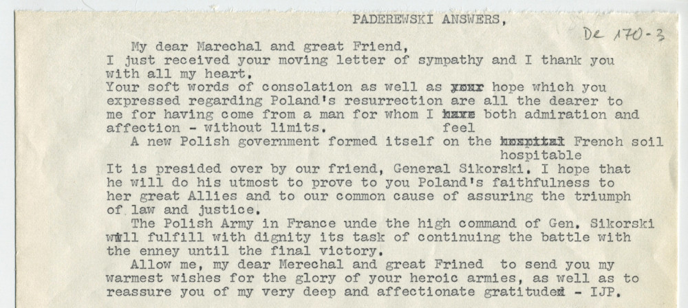 Traduction anglaise (dactylographiée) d'une lettre adressée par Paderewski en réponse au maréchal Pétain, fin 1939 (?)