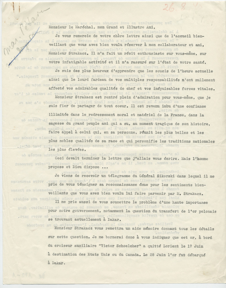 Lettre (dactylographiée, annotée et non signée) adressée par Paderewski au maréchal Pétain, le 28 août 1940