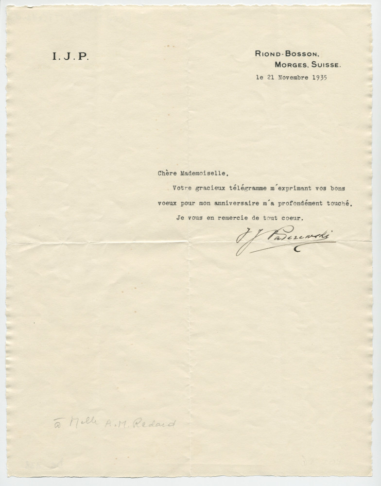 Lettre adressée par Paderewski [à Mlle Anne-Marie Redard], de Riond-Bosson le 21 novembre 1935