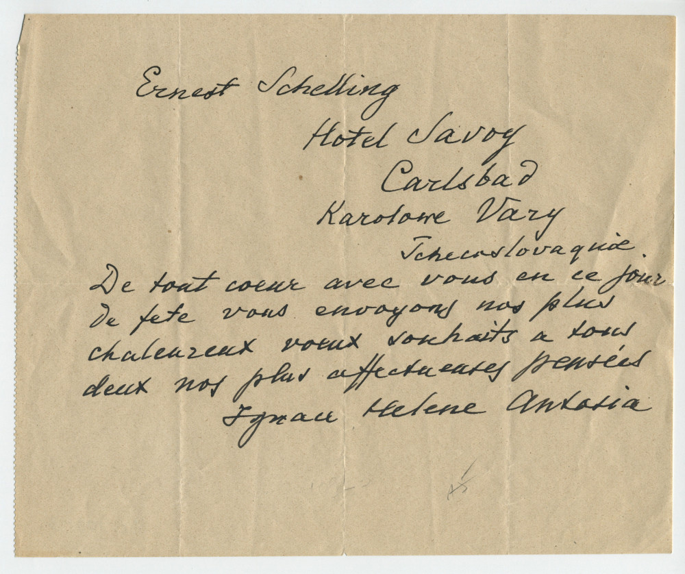 Brouillon du télégramme adressé par Paderewski à Ernest Schelling, Hôtel Savoy, Carlsbad (Tchécoslovaquie), sans date