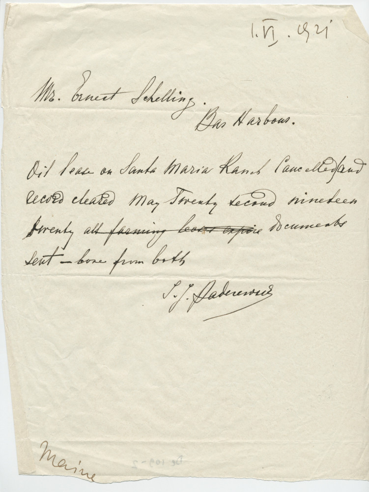 Brouillon du télégramme adressé par Paderewski à Ernest Schelling, à Bass Harbour (Maine), le 1er juin 1921