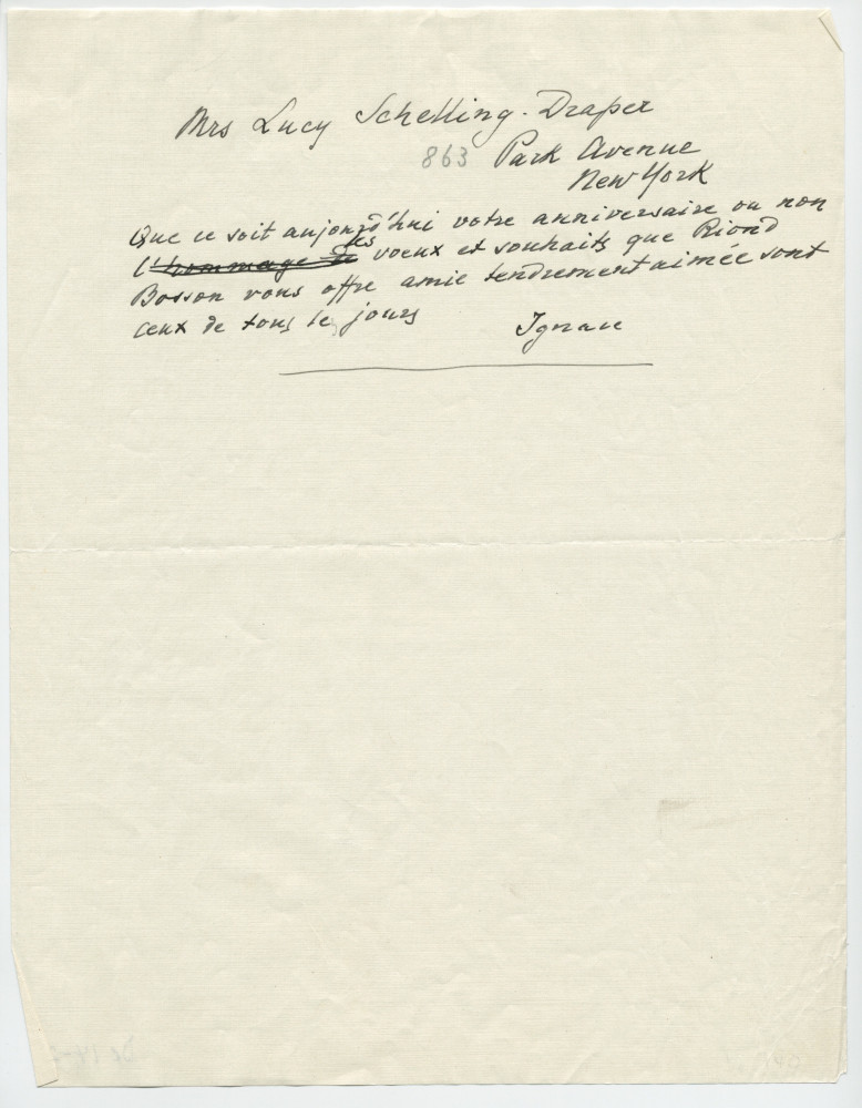 Télégramme non daté adressé par Paderewski à Lucy Ernest Schelling, 863 Park Avenue à New York