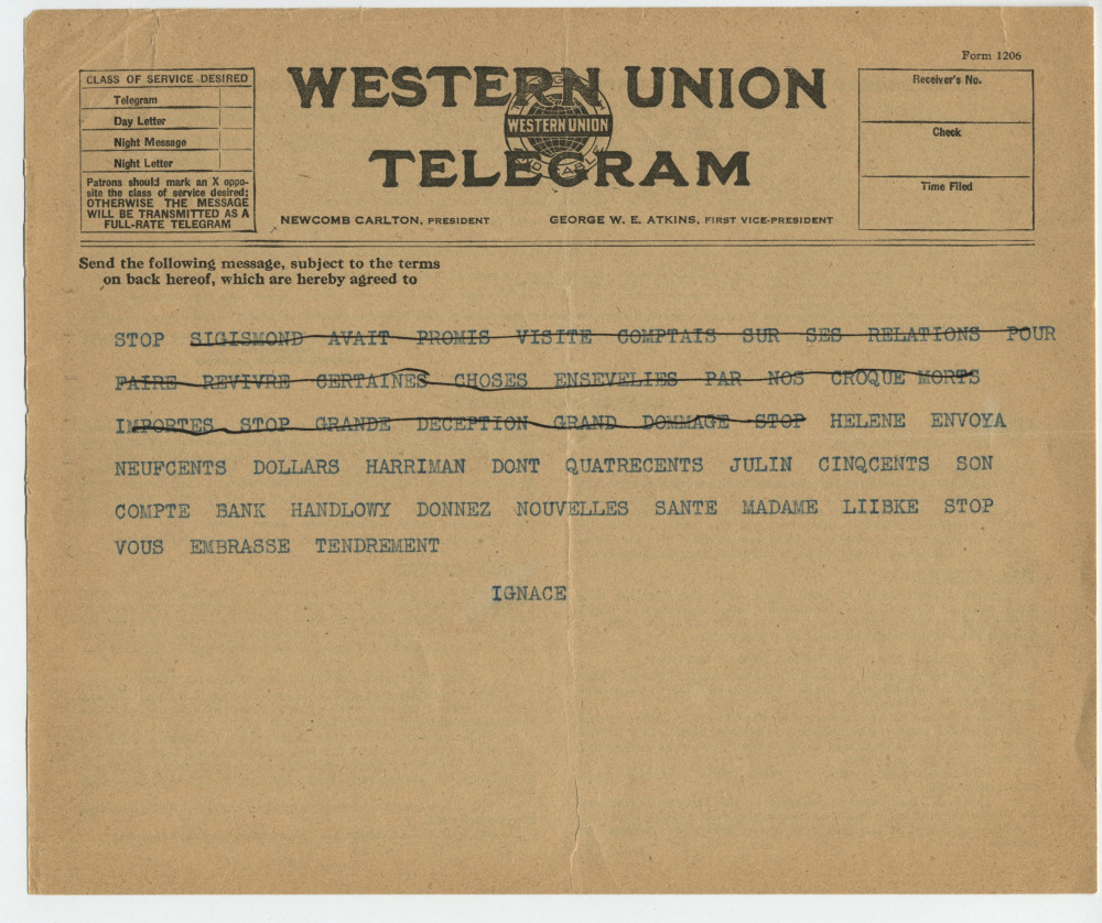 Télégramme (avec corrections) adressé (en français) par Paderewski à «[Sylwin] Strakacz, Hôtel Wilson, rue Stockholm, Paris», le 28 octobre 1921