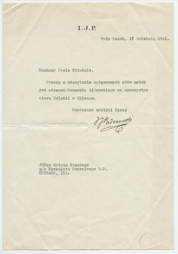 Lettre adressée (en polonais) par Paderewski à «Kochany Panie Sylwinie [Strakacz], p/a Konsulatu Gneralnego R. P. Chicago», de Palm Beach le 17 avril 1941