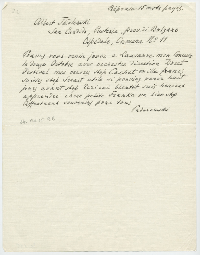 Brouillon du télégramme adressé par Paderewski à Albert Tadlewski, San Candido, Pusteria, prov. di Bolzano, Ospedale, camera n° 11, le 26 août 1935
