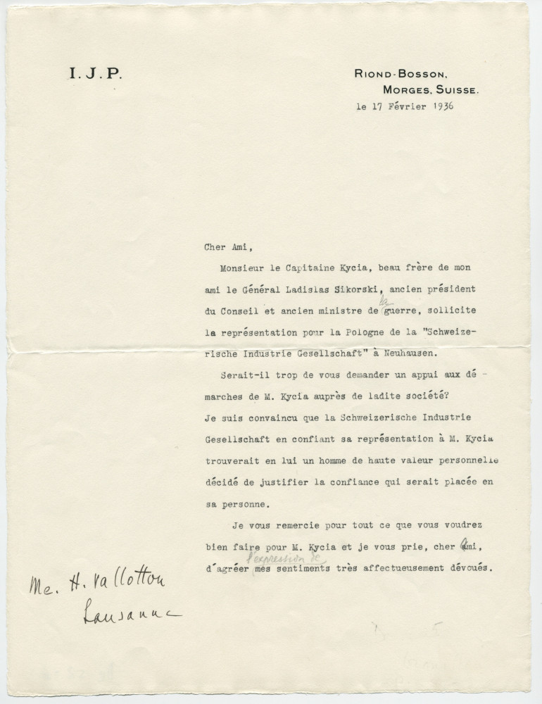 Lettre adressée par Paderewski à Henry Valotton, de Riond-Bosson le 17 février 1936
