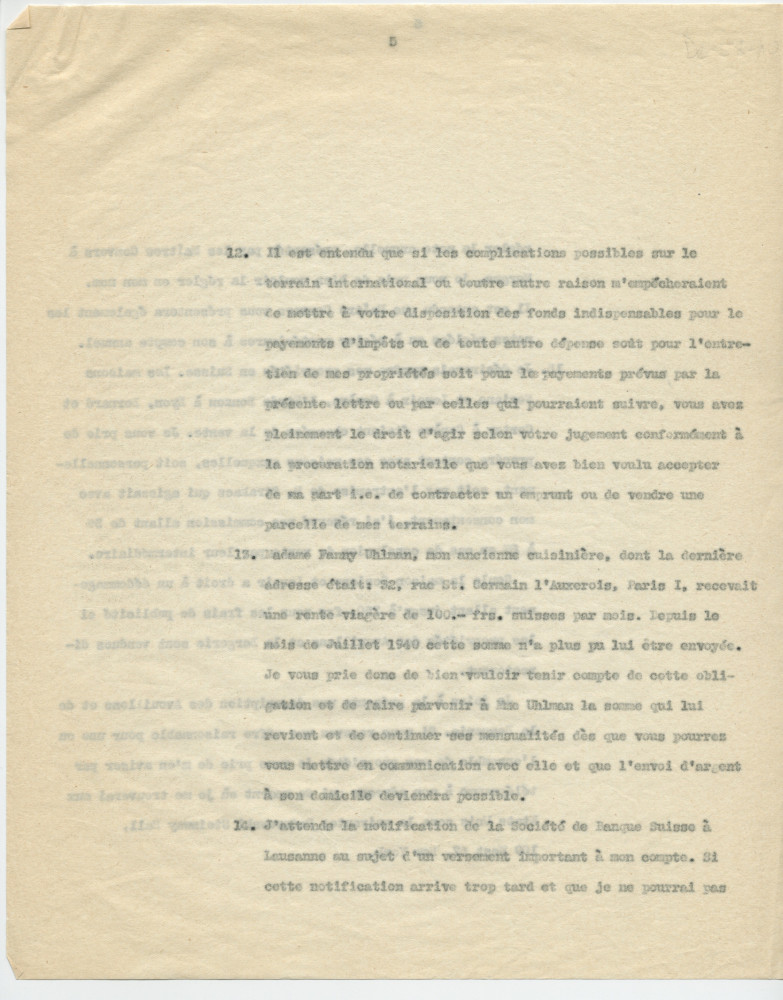 Copie de la lettre adressée par Paderewski à «mon cher Président [du Conseil national] et Ami» Henry Vallotton, le 11 septembre 1940 (pages 1-5)