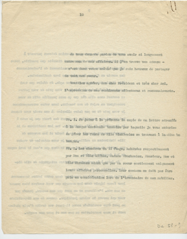 Copie de la lettre adressée par Paderewski à «mon cher Président [du Conseil national] et Ami» Henry Vallotton, le 11 septembre 1940 (pages 6-9)