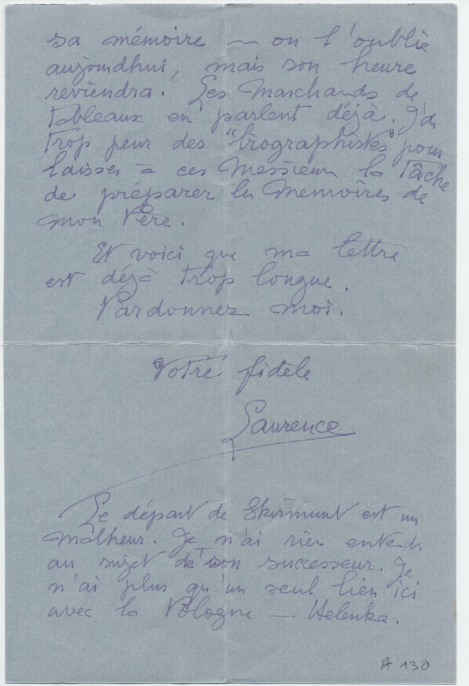 Lettre (avec enveloppe) adressée par Laurence [Alma-Tadema], 14 Hans Crescent à Londres, à Paderewski, à Riond-Bosson, le 6 septembre 1934