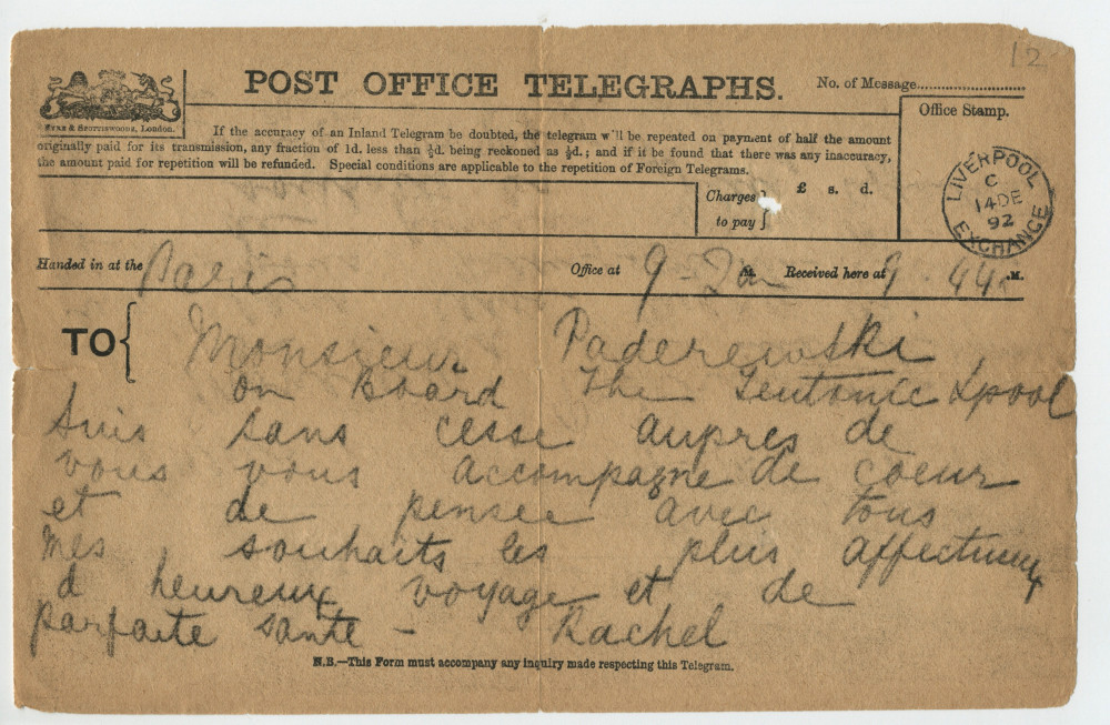 Télégramme adressé par la princesse Rachel Bibesco Bassaraba, princesse de Brancovan, à Paderewski, «on board the Teutonic L[iver]pool», de Paris le 14 décembre 1892