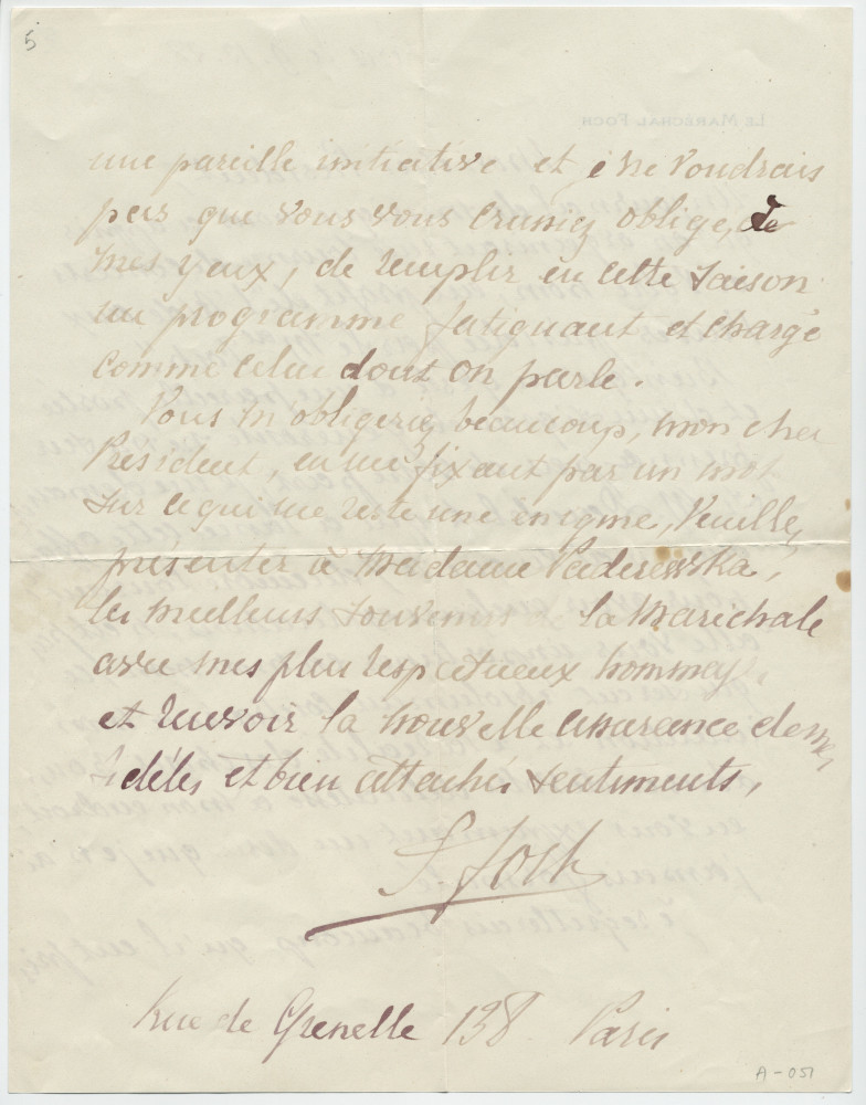 Lettre (avec enveloppe) adressée par le maréchal Foch à «Mon cher Président» Paderewski, de Paris [rue de Grenelle 138] le 9 décembre 1928