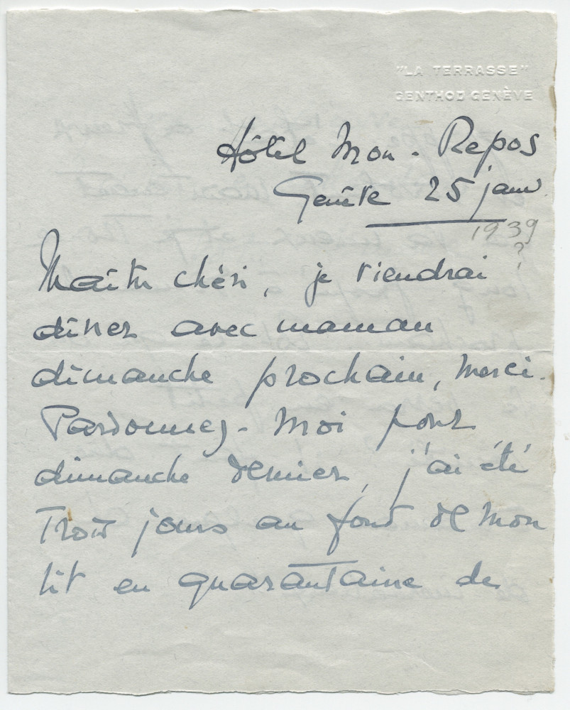 Lettre adressée par Simone Giron-de Pourtalès à Paderewski, de l'Hôtel Mon-Repos à Genève le 25 janvier [1939] (?)