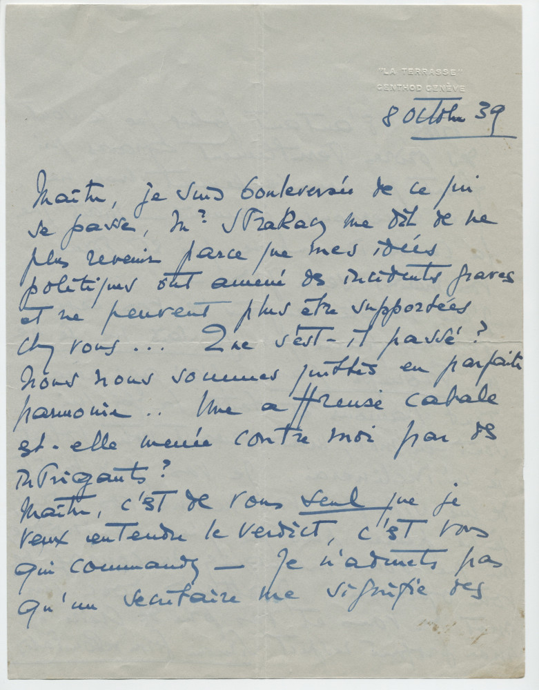 Lettre adressée par Simone Giron-de Pourtalès à Paderewski, de «La Terrasse» à Genthod (Genève) le 8 octobre 1939