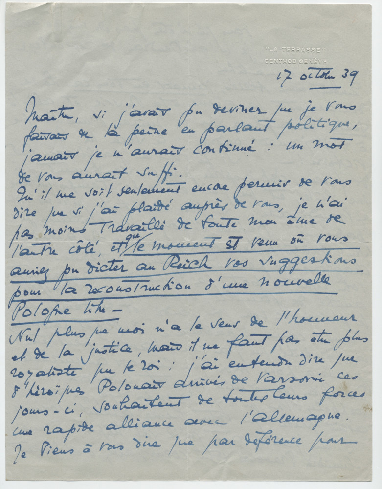 Lettre adressée par Simone Giron-de Pourtalès à Paderewski, de «La Terrasse» à Genthod (Genève) le 17 octobre 1939