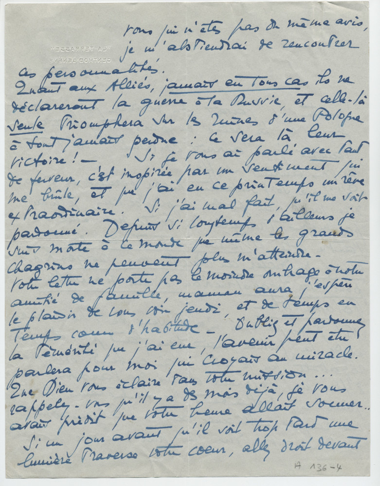 Lettre adressée par Simone Giron-de Pourtalès à Paderewski, de «La Terrasse» à Genthod (Genève) le 17 octobre 1939