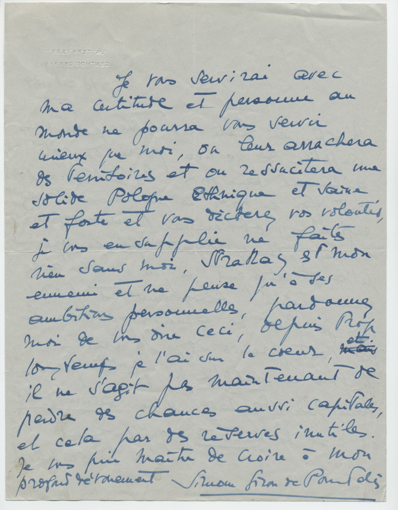 Lettre adressée par Simone Giron-de Pourtalès à Paderewski, de «La Terrasse» à Genthod (Genève) le 18 octobre 1939