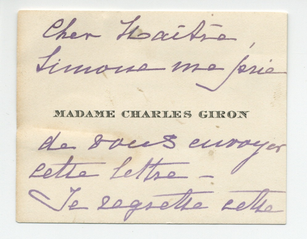 Lettre (avec enveloppe et carte d'accompagnement d'Antoinette Giron) adressée par Simone Giron-de Pourtalès à Paderewski, à Morges, de «La Terrasse» à Genthod (Genève) le 11 novembre 1939