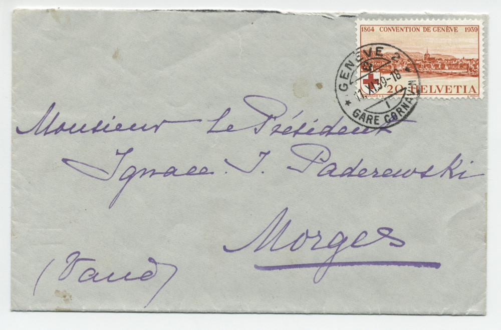 Lettre (avec enveloppe et carte d'accompagnement d'Antoinette Giron) adressée par Simone Giron-de Pourtalès à Paderewski, à Morges, de «La Terrasse» à Genthod (Genève) le 11 novembre 1939