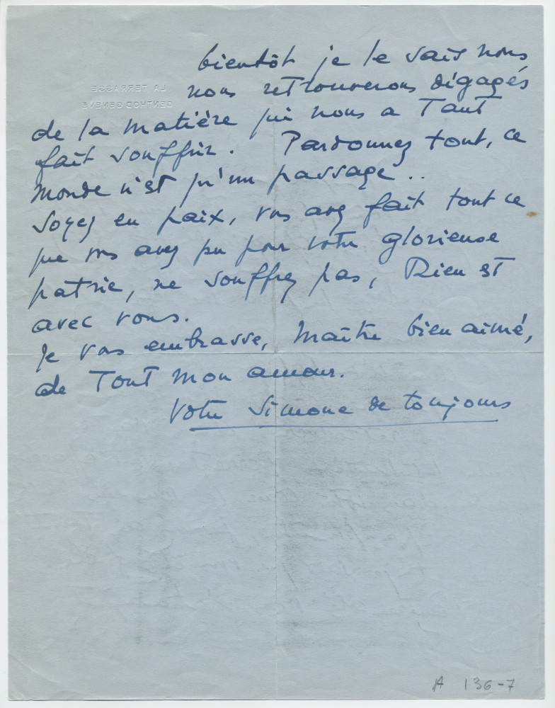 Lettre adressée par Simone Giron-de Pourtalès à Paderewski, de «La Terrasse» à Genthod (Genève) le 28 septembre [1940]