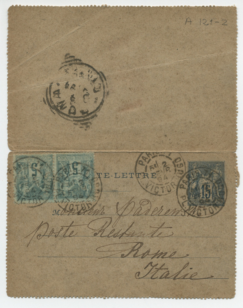 Carte adressée (en polonais) par Hélène Gorska à Paderewski, poste restante à Rome, de Paris (place Victor-Hugo) le 2 février 1894