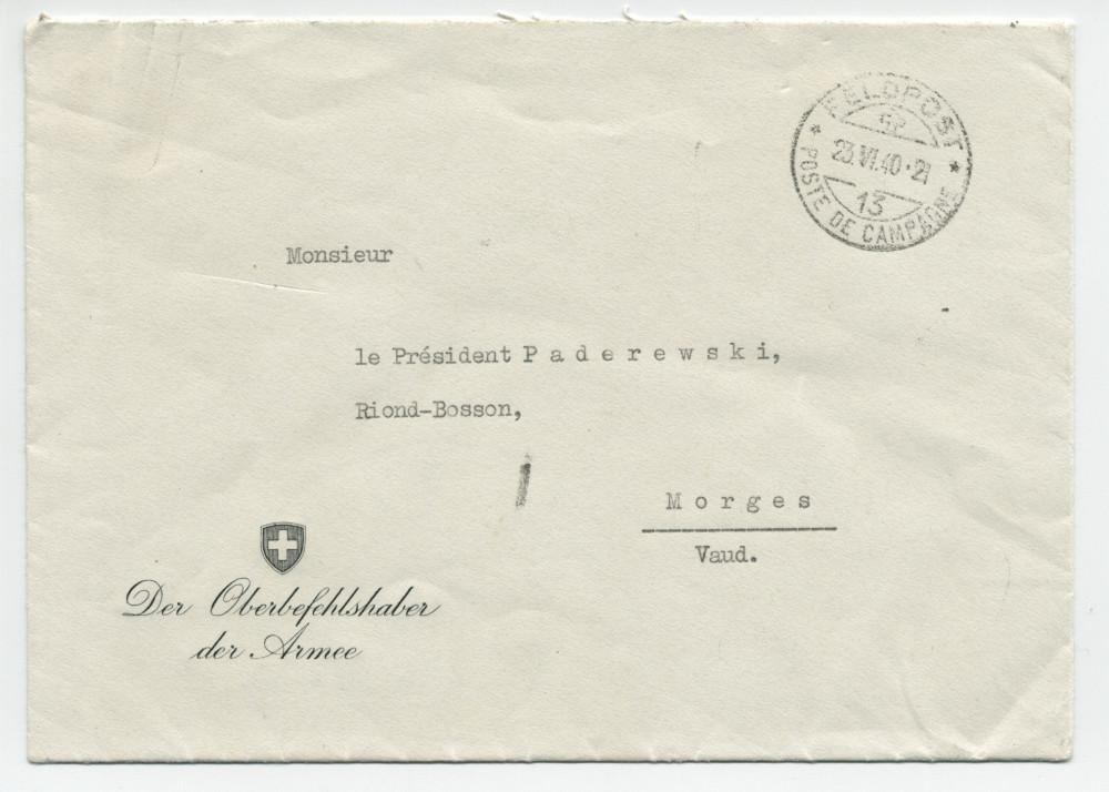 Lettre (avec enveloppe) adressée par le général Henri Guisan, commandant en chef de l'armée suisse, à «Monsieur le Président Paderewski» à Riond-Bosson, du quartier général de l'armée le 23 juin 1940