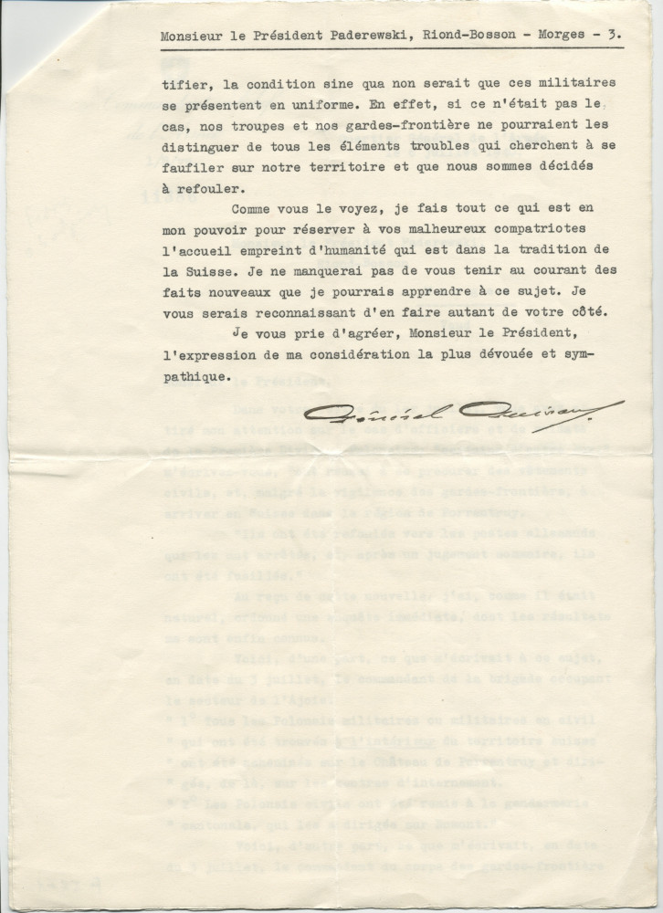 Lettre (avec enveloppe) adressée par le général Henri Guisan, commandant en chef de l'armée suisse, à «Monsieur le Président Paderewski» à Riond-Bosson, du quartier général de l'armée le 6 juillet 1940