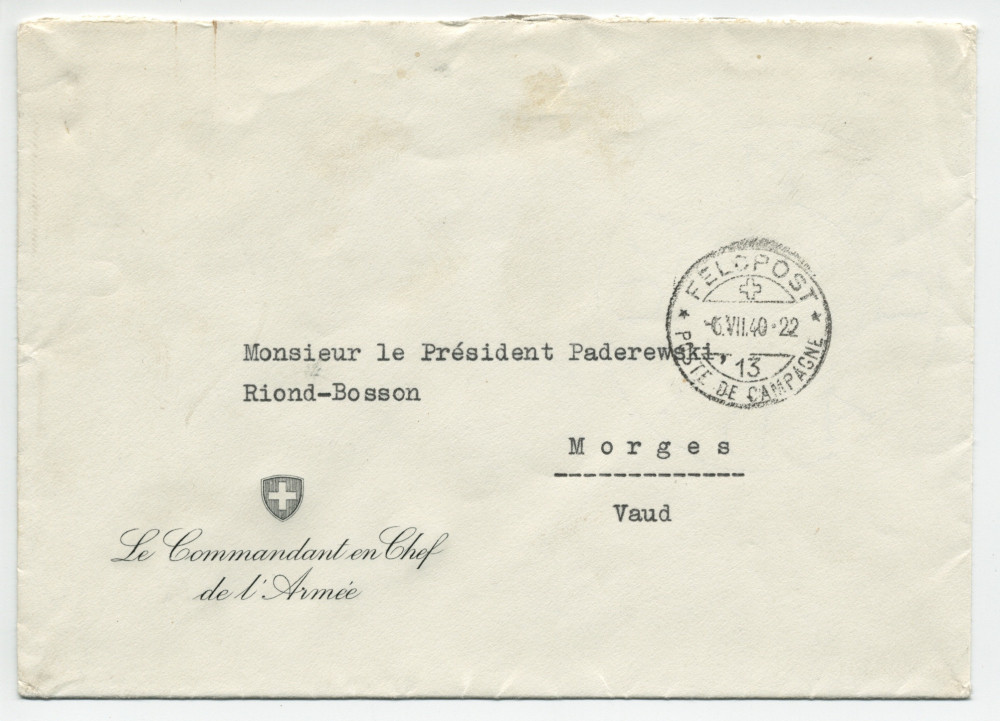 Lettre (avec enveloppe) adressée par le général Henri Guisan, commandant en chef de l'armée suisse, à «Monsieur le Président Paderewski» à Riond-Bosson, du quartier général de l'armée le 23 juin 1940