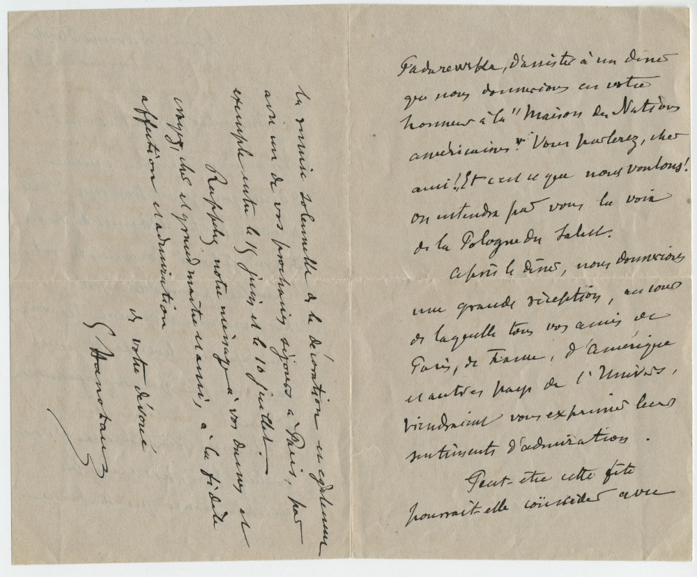 Lettre (avec enveloppe) adressée par Gabriel Hanotaux à Paderewski, à Morges, du 9 avenue Hoche à Paris le 24 mai 1929