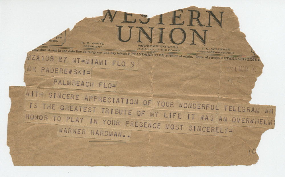 Télégramme adressé par Warner Hardman à Paderewski, à Palm Beach (Floride), le 9 mars 1941