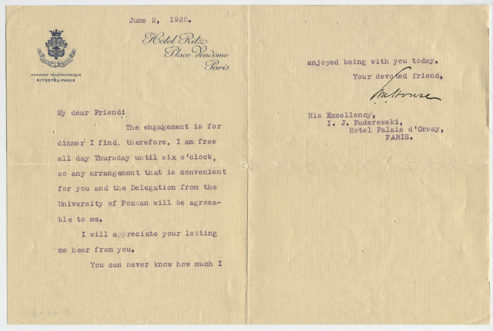 Lettre adressée par le colonel Edward Mandell House à «His Excellency I. J. Paderewski, Hôtel Palais d'Orsay, Paris», de l'Hôtel Ritz à Paris le 2 juin 1925