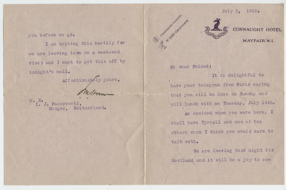 Lettre adressée par le colonel Edward Mandell House à «H. E. I. J. Paderewski, Morges», du Connaught Hotel à Londres le 3 juillet 1925