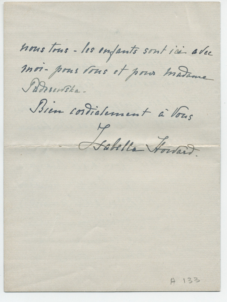 Lettre adressée par Isabella Howard à Paderewski, de Manchester (Massachusetts) le 22 juillet 1927
