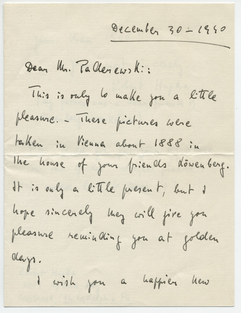 Lettre (avec enveloppe) adressée par Robert Hupka à Paderewski, de Philadelphie le 30 décembre 1940