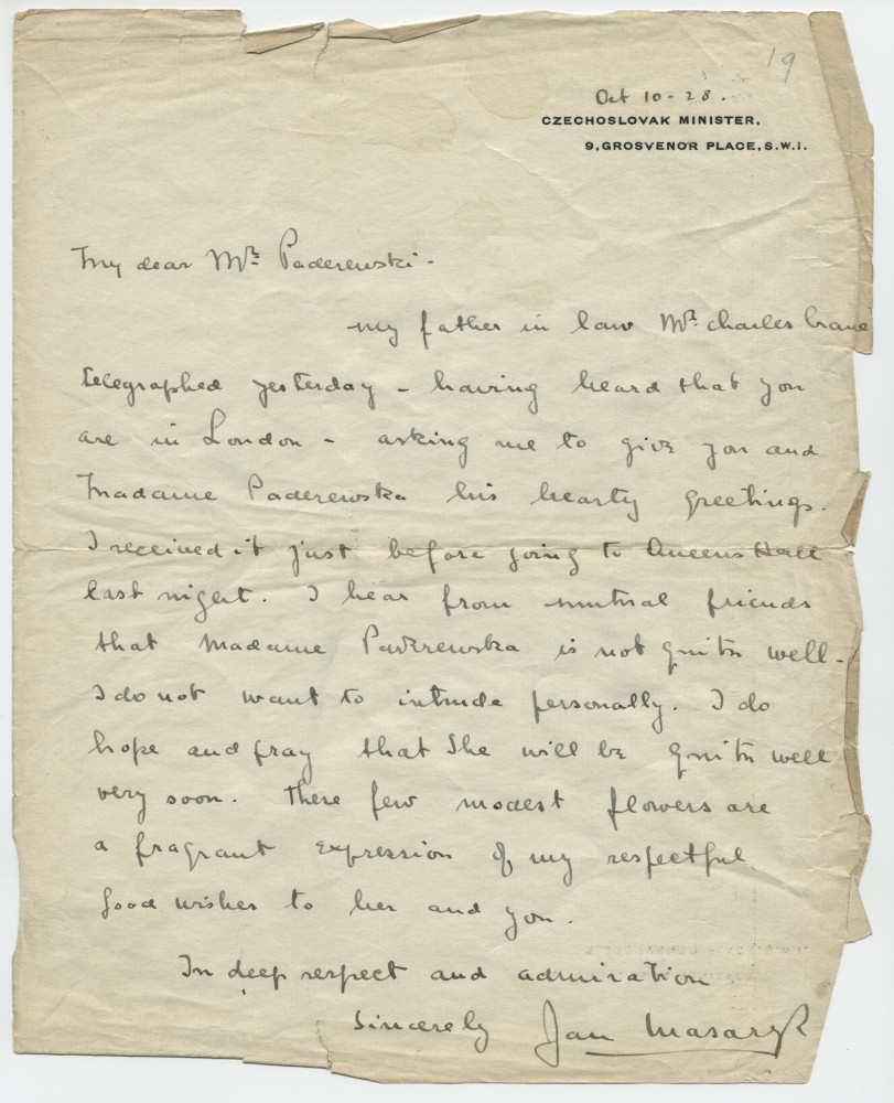 Lettre adressée par Jan Masaryk, ministre de Tchécoslovaquie en Grande-Bretagne, 9 Grosvenor Place à Londres, à Paderewski, le 10 octobre 1928