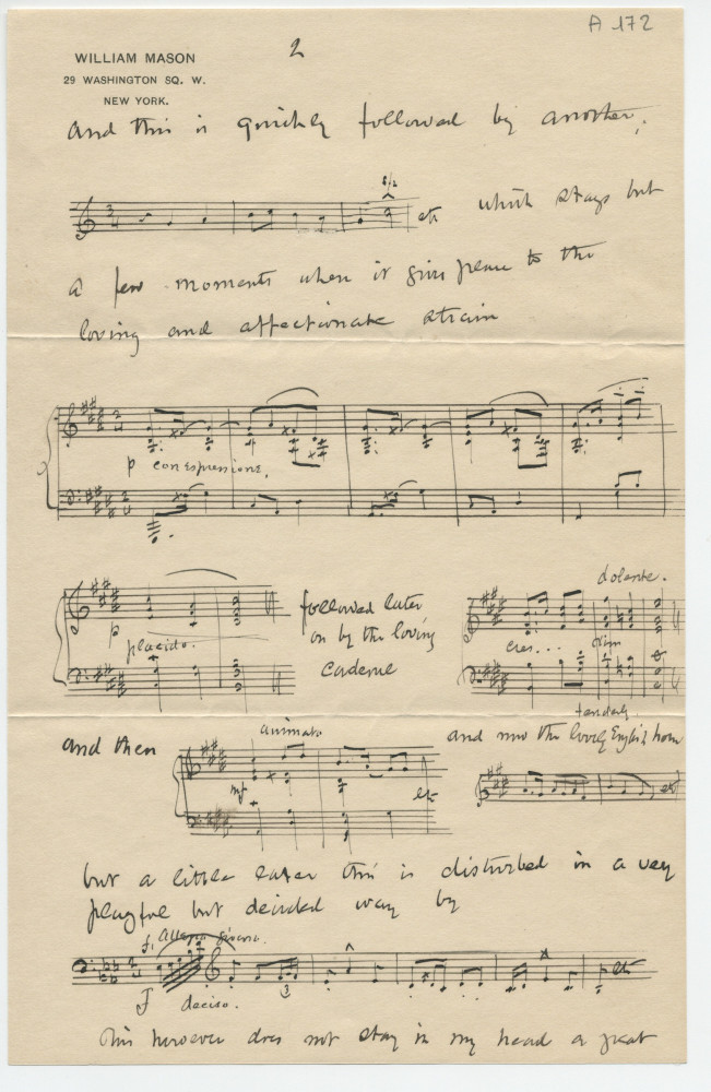 Lettre (avec enveloppe) adressée par William Mason, 29 Washington Sq. W. à New York, à «my dear friend» Paderewski, «c/o Otto Sutro & Co, Music Dealers, Baltimore», le 10 décembre 1895